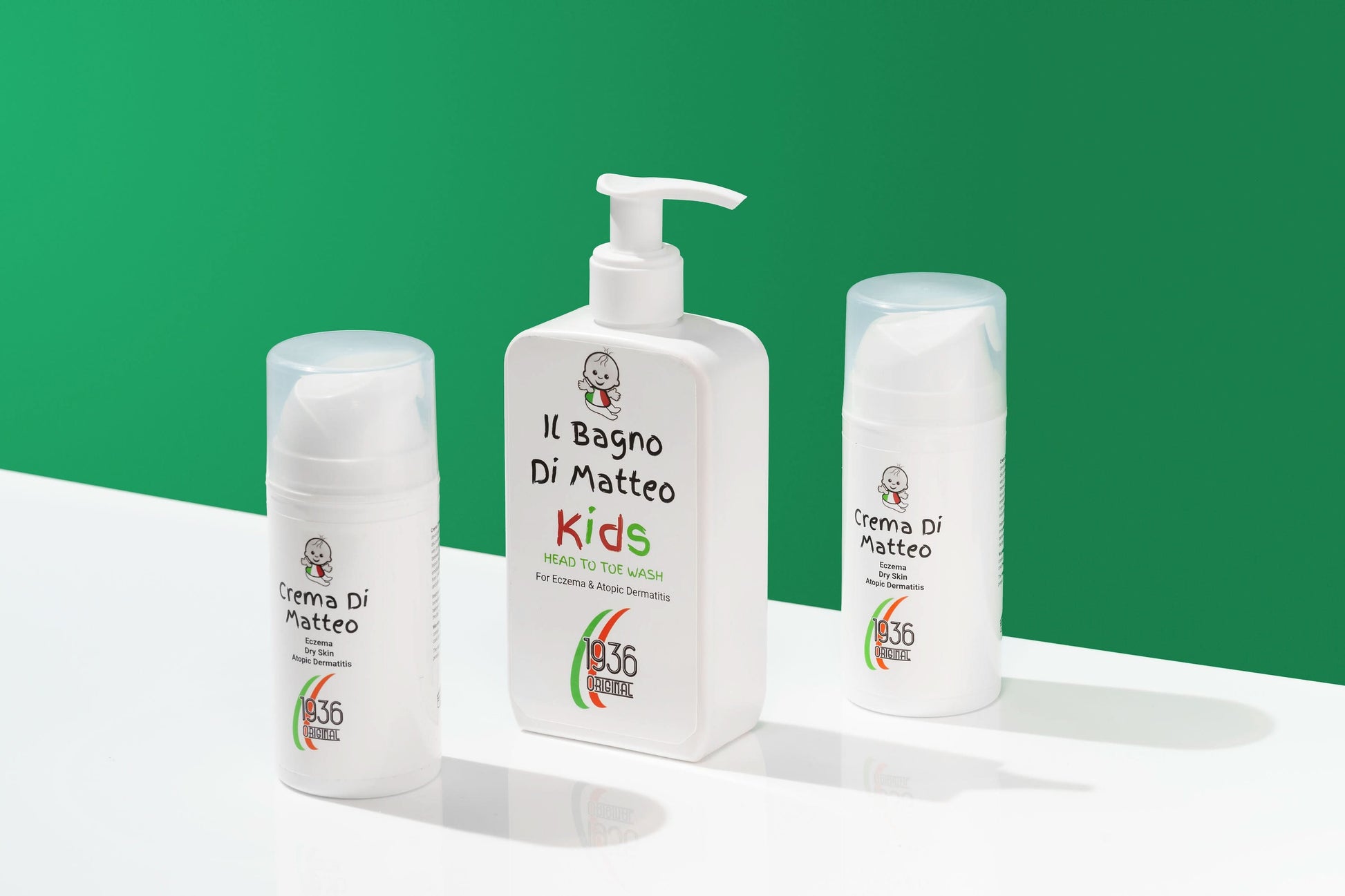 The Complete Eczema Treatment Bundle - Our Matteo cream and body wash; white containers with labels for eczema relief, suitable for all ages.