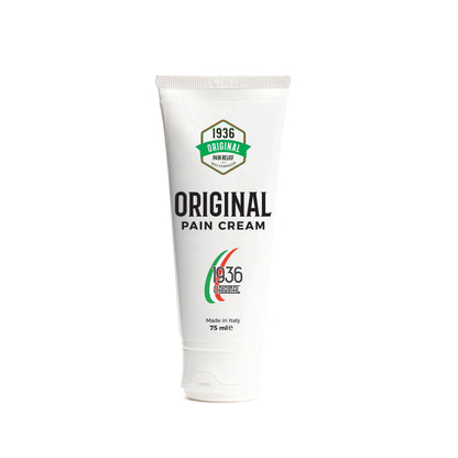 A white tube from 1936 Original, labeled as Original Pain Cream with black and green text, offers a natural formula specifically designed for back pain relief, joint pain, knee pain, neck discomfort, and muscle aches. This 75 ml product is made in Italy and promises soothing comfort.