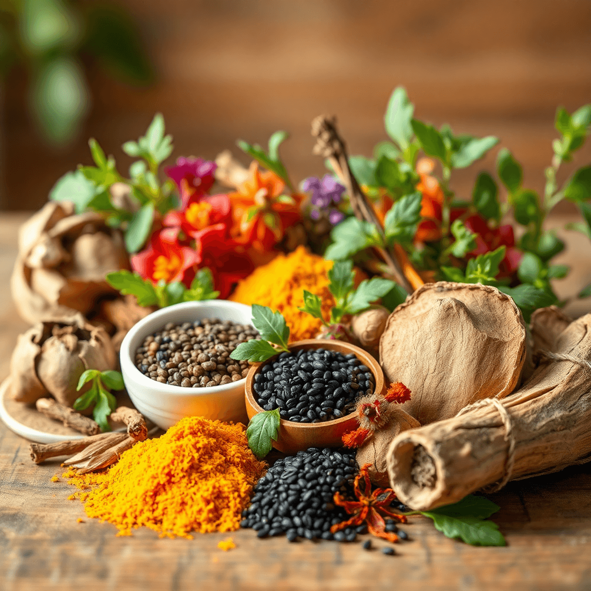 A colourful assortment of herbs and natural ingredients like turmeric and saffron, artfully arranged on a wooden table with a softly blurred background.